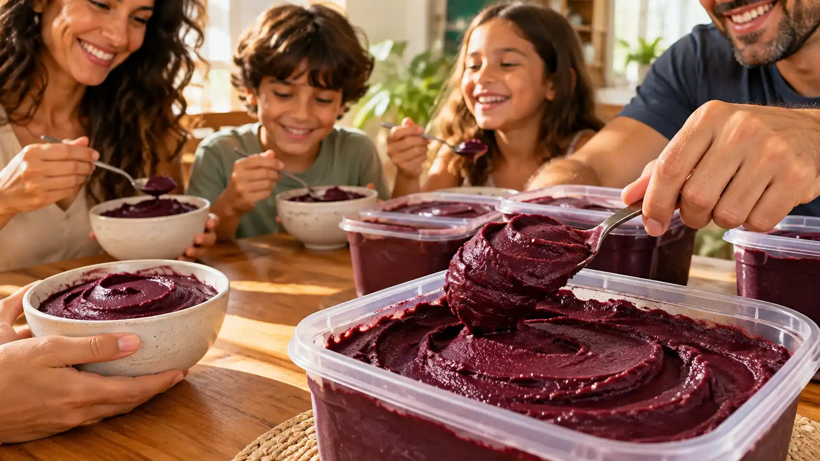 Família compartilhando açaí cremoso em tigelas, com potes transparentes sobre a mesa.